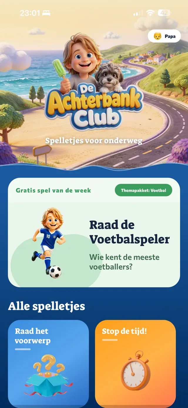 Het startscherm van De Achterbankclub met spelletjes voor onderweg