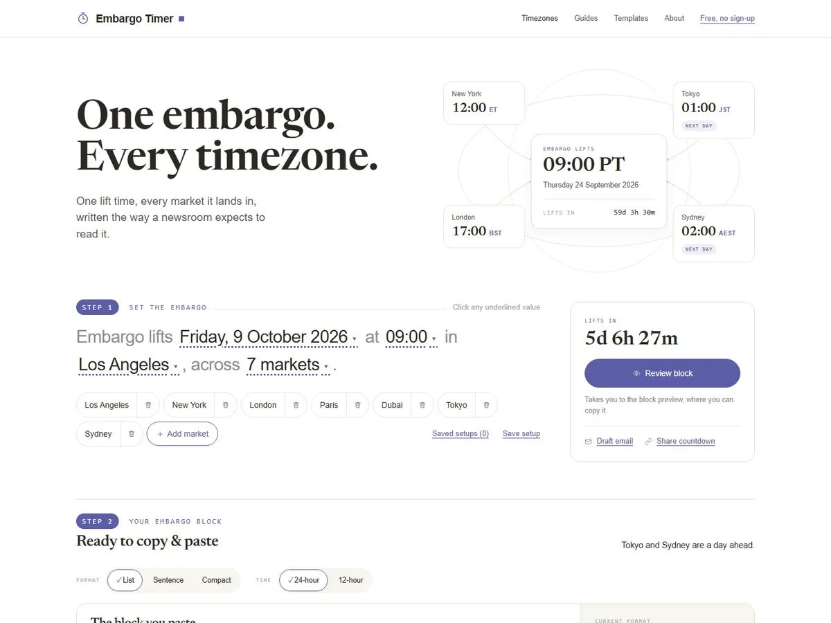 Embargo Timer met een embargotijd omgerekend naar meerdere tijdzones